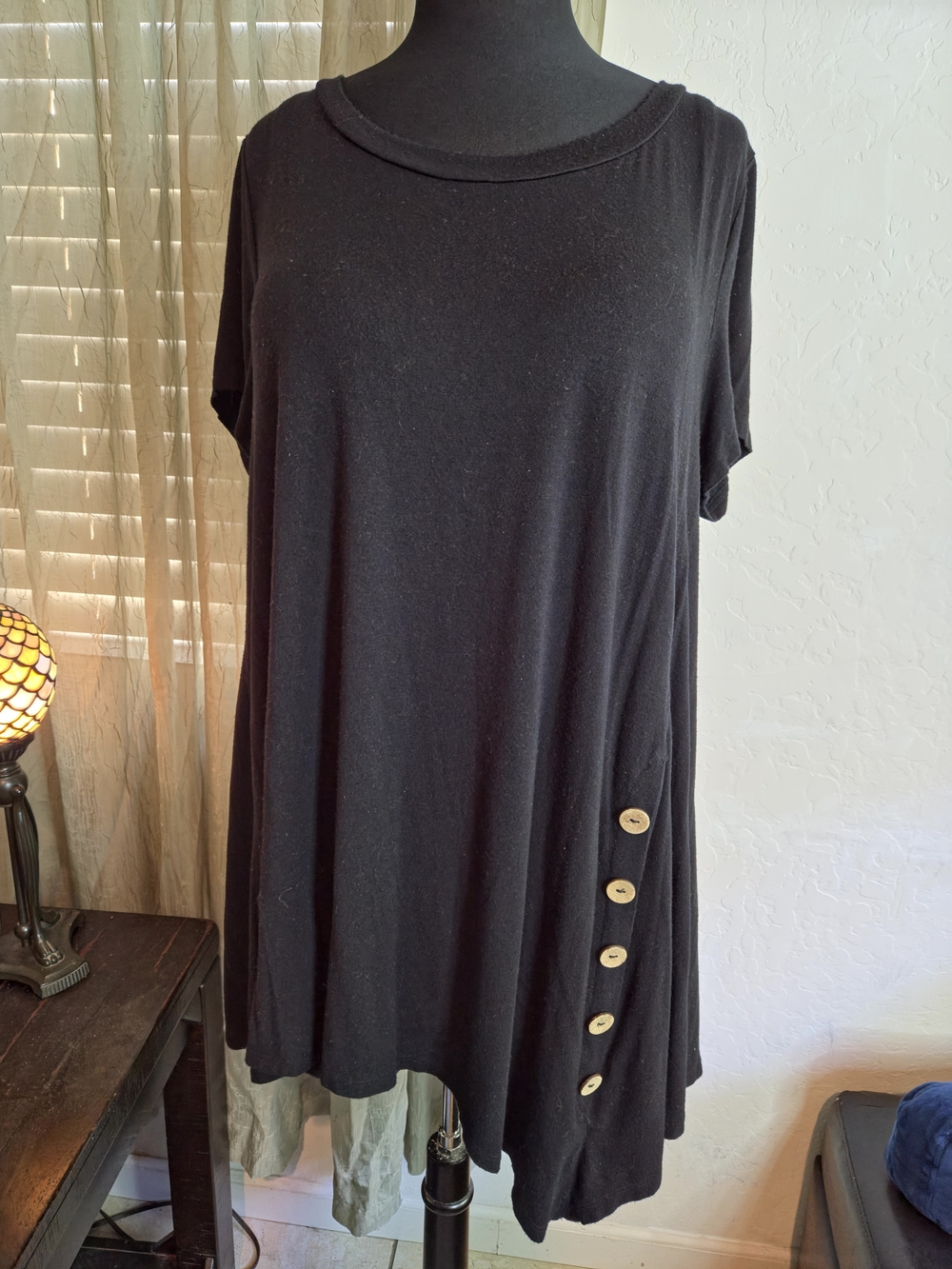 Misia Black Short-Sleeve Tunic w/ High/Low Hem & Side Button Detail #0396